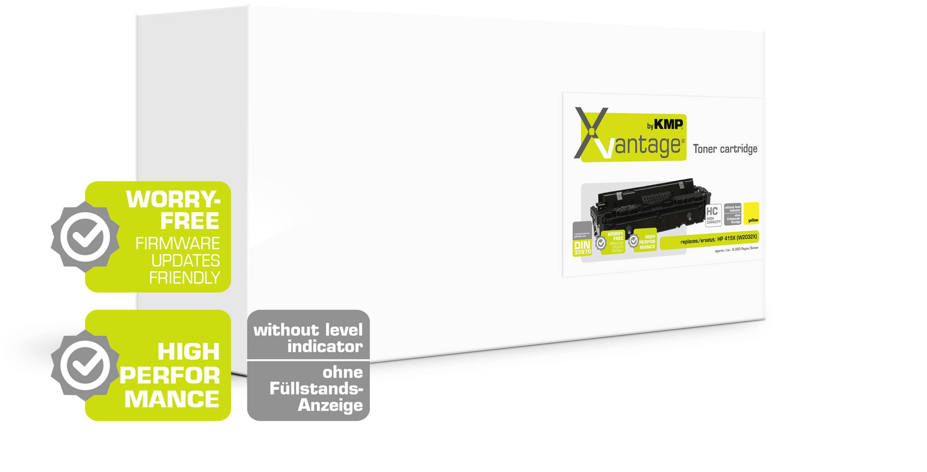 White packaging for xMP Vantage toner cartridge with black product image. Text: 'No fill level indicator'. Symbols: 'Worry-free' and 'High Performance'.