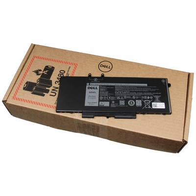 A Dell laptop battery with 68Wh is lying on a brown cardboard box. The box displays a warning symbol for lithium-ion batteries.