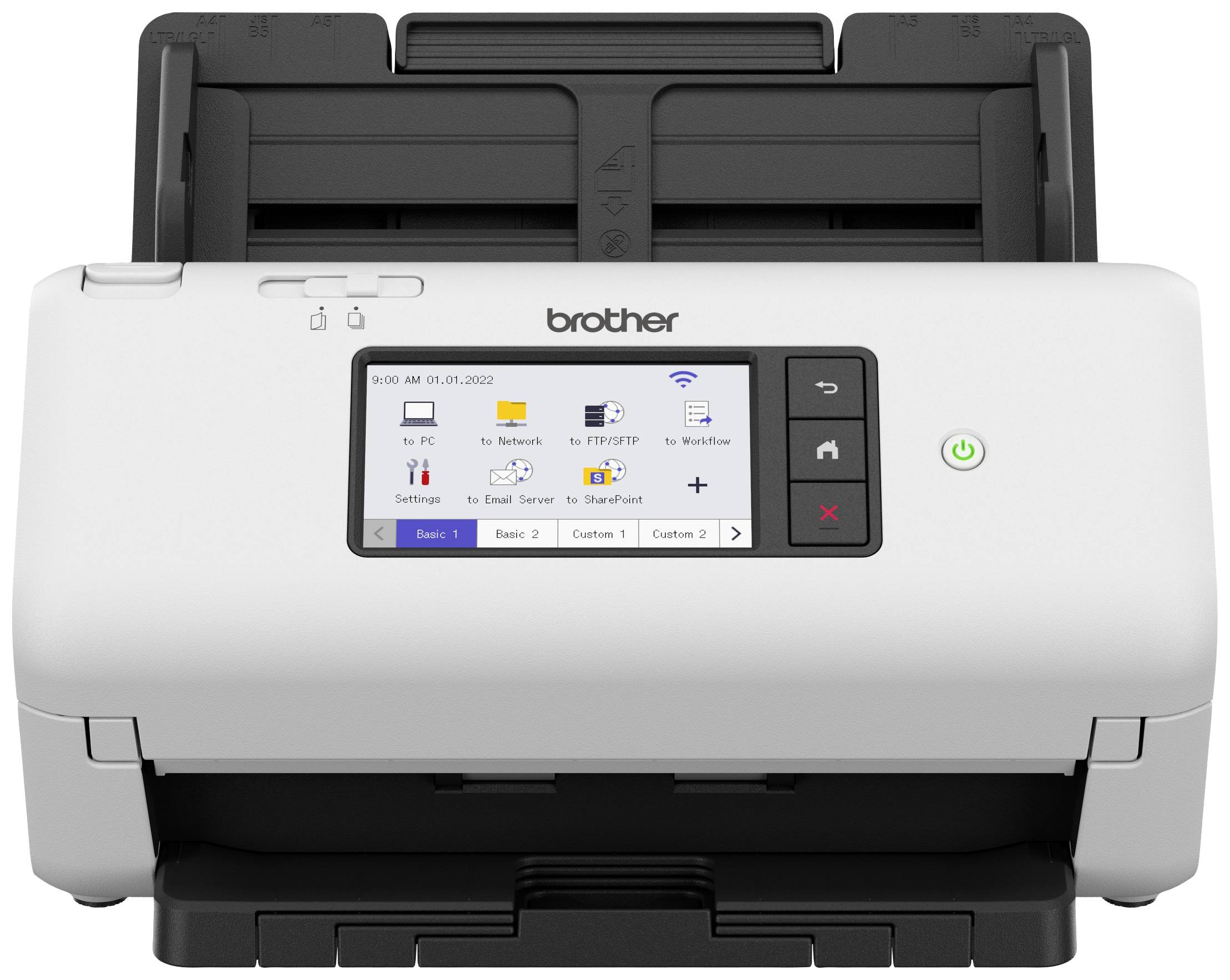 A white scanner with a colour display in the centre shows symbols and menus. Brand name 'Brother' at the top of the device.