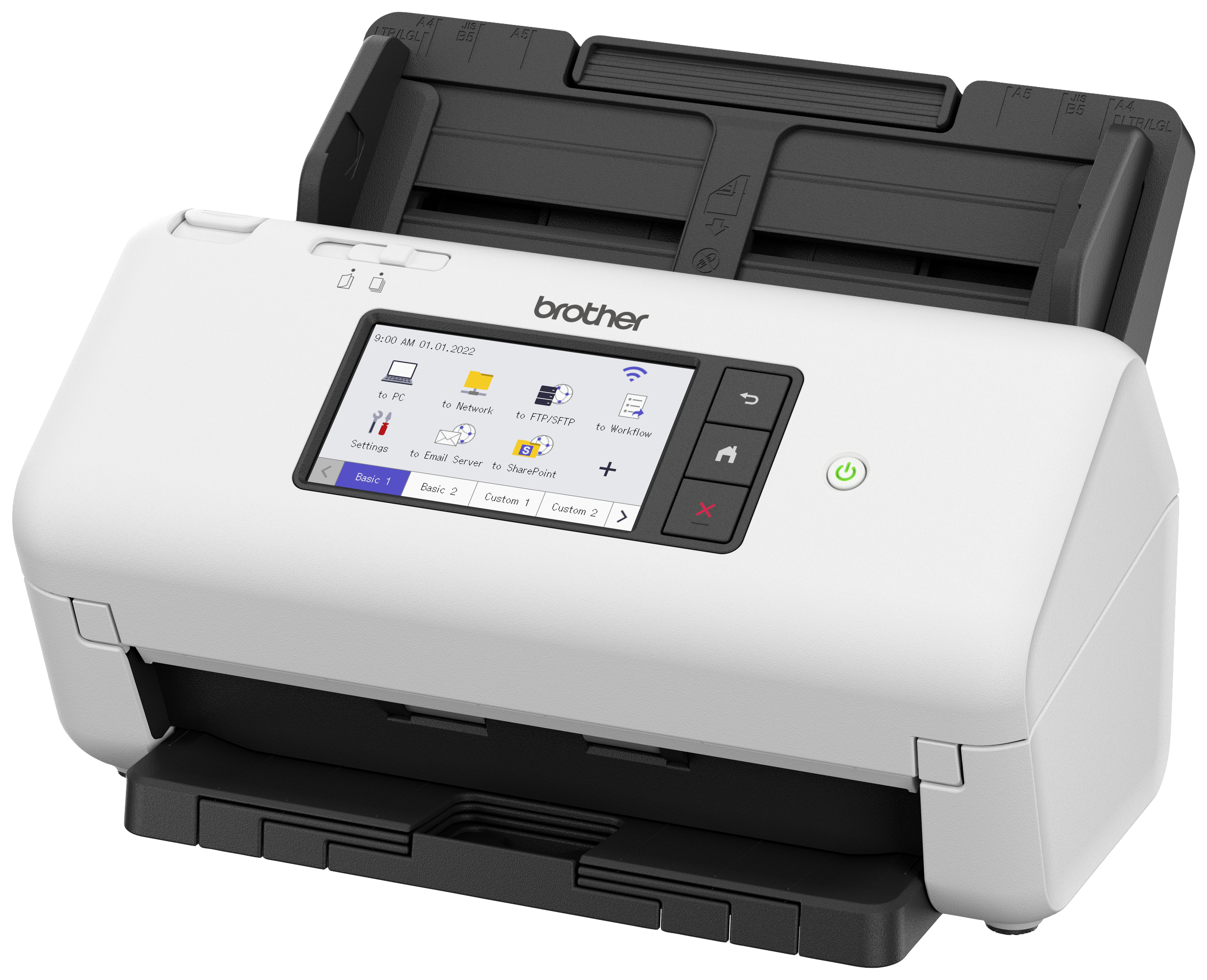 A white desktop scanner with a display, keypad, and document feeder. The scanner is from the brand Brother.