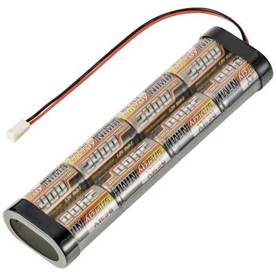 A cylindrical battery pack with multiple AA batteries, enclosed in a transparent film. A red and a black cable are connected at the top.