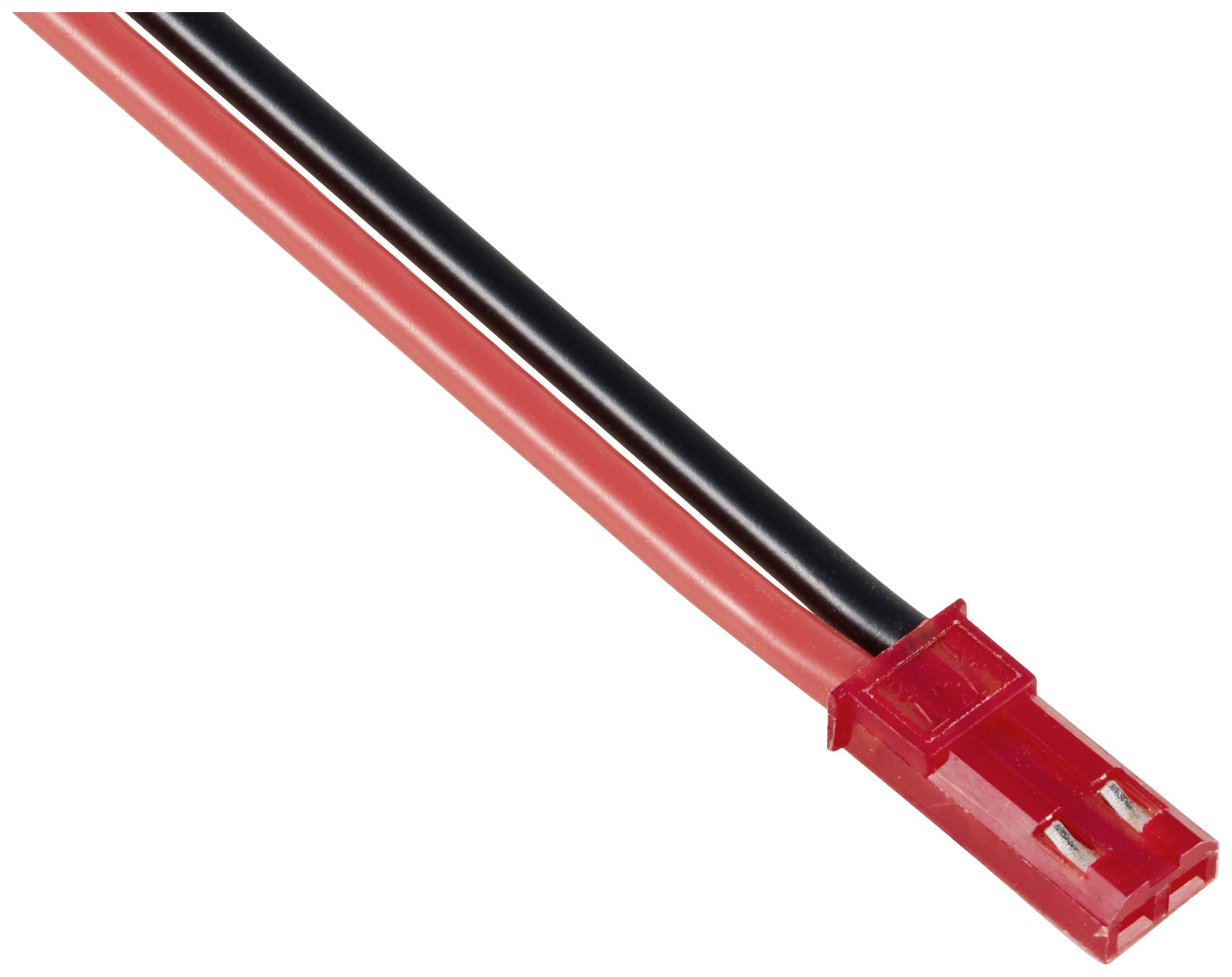 A red and black cable with a red plug at the end, typical for electronic connections.