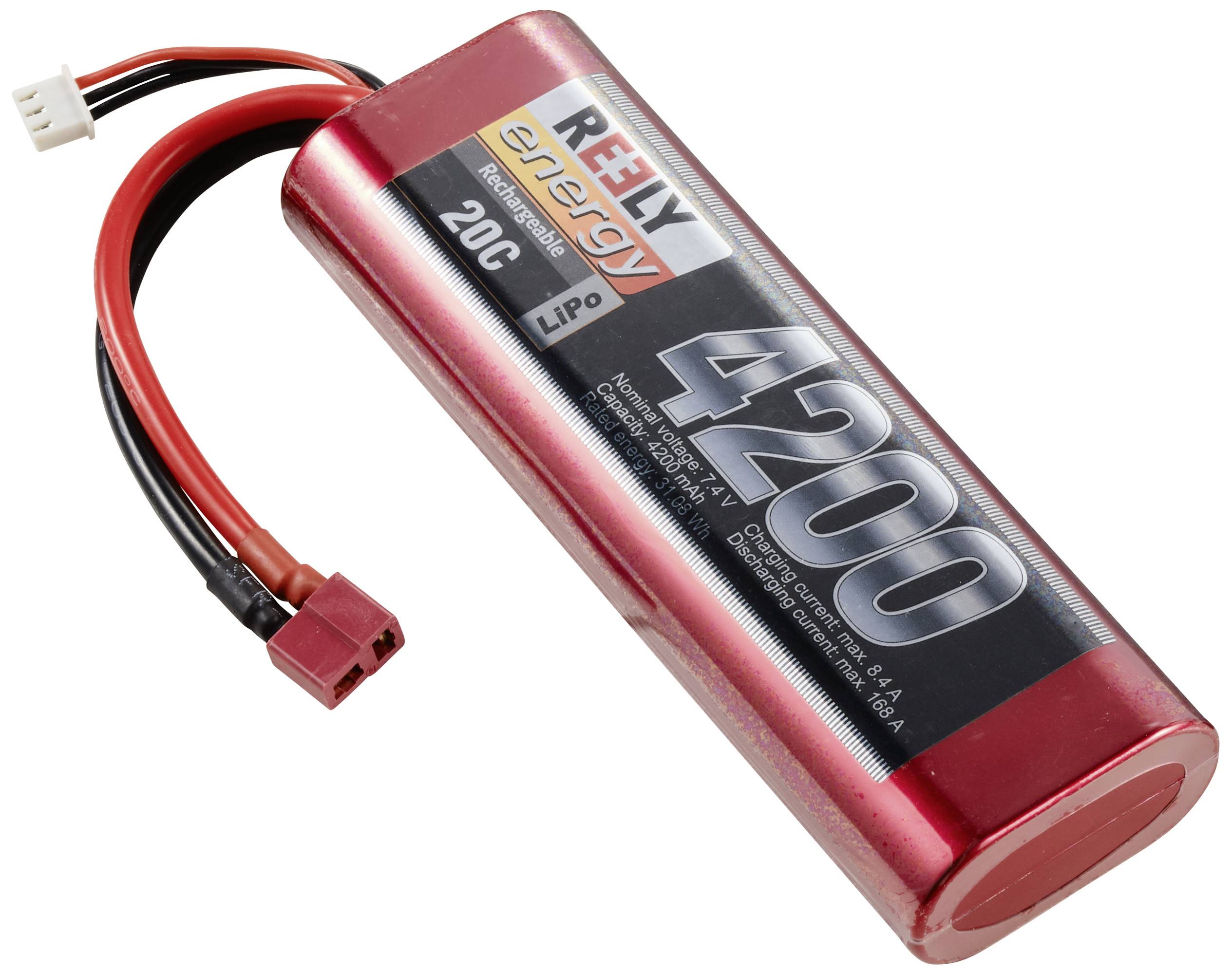Battery pack with red casing and label 4200 mAh and 20C, has two cables with connectors. Suitable for remote-controlled models.