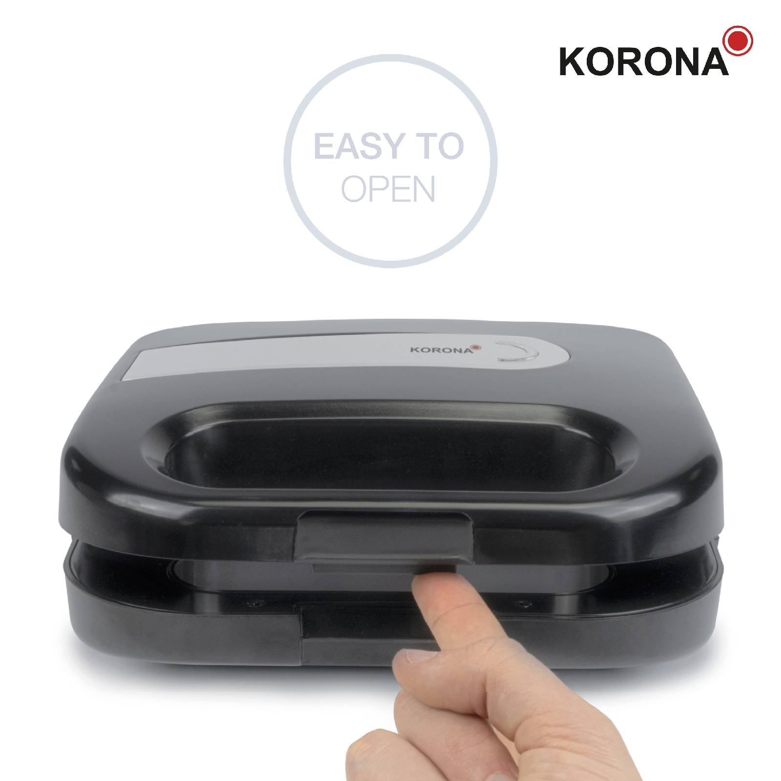 A black sandwich maker by Korona is being opened by a hand. Above it reads 'EASY TO OPEN'.