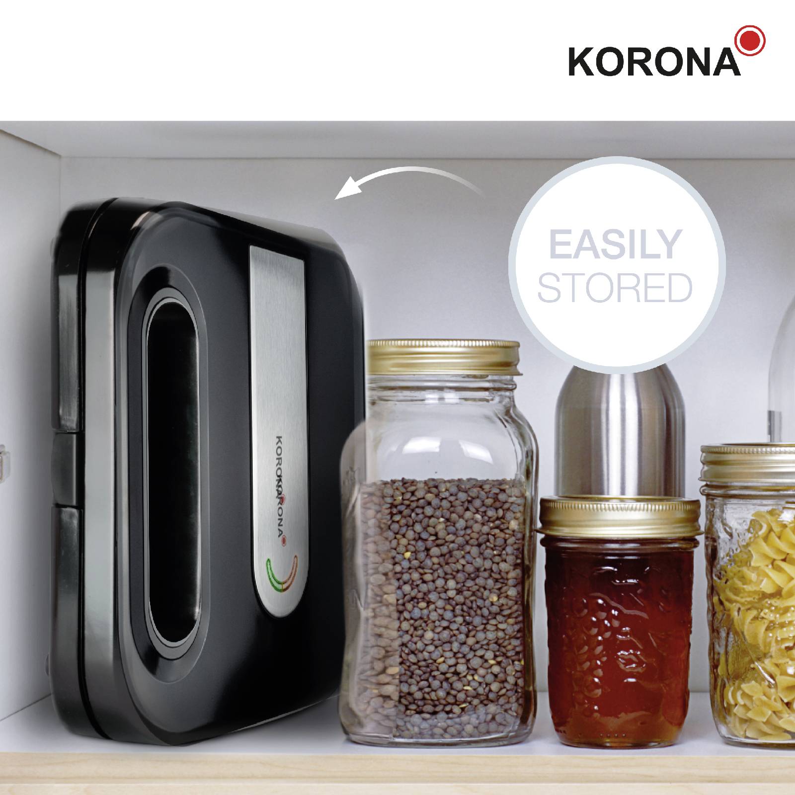 In a cupboard is a vacuum sealing machine, flanked by jars of coffee, pasta and rice. An arrow points to the machine, next to which is written 'Easily Stored'.