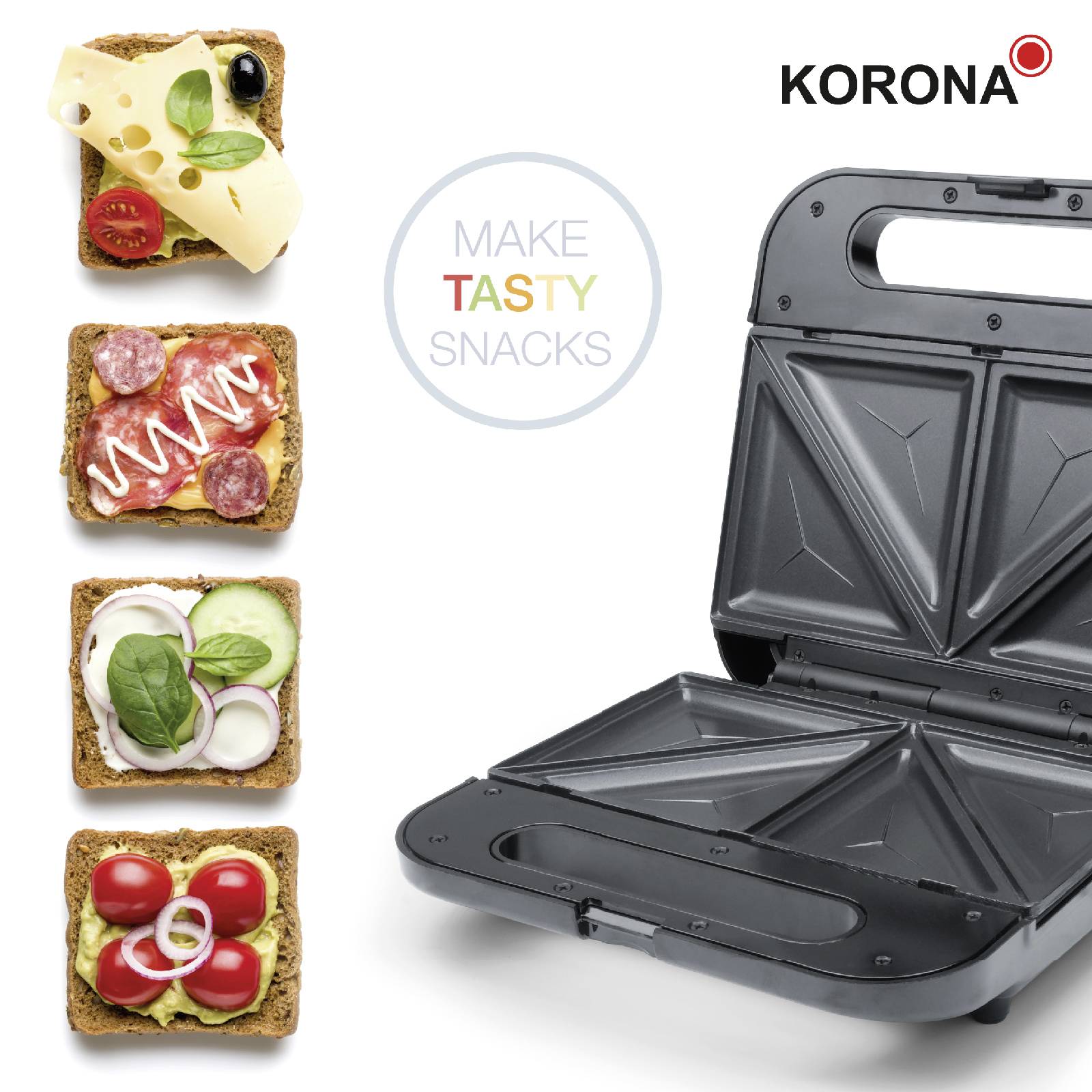 A sandwich maker next to sliced bread topped with cheese, salami, vegetables and a label reading 'Make Tasty Snacks'.