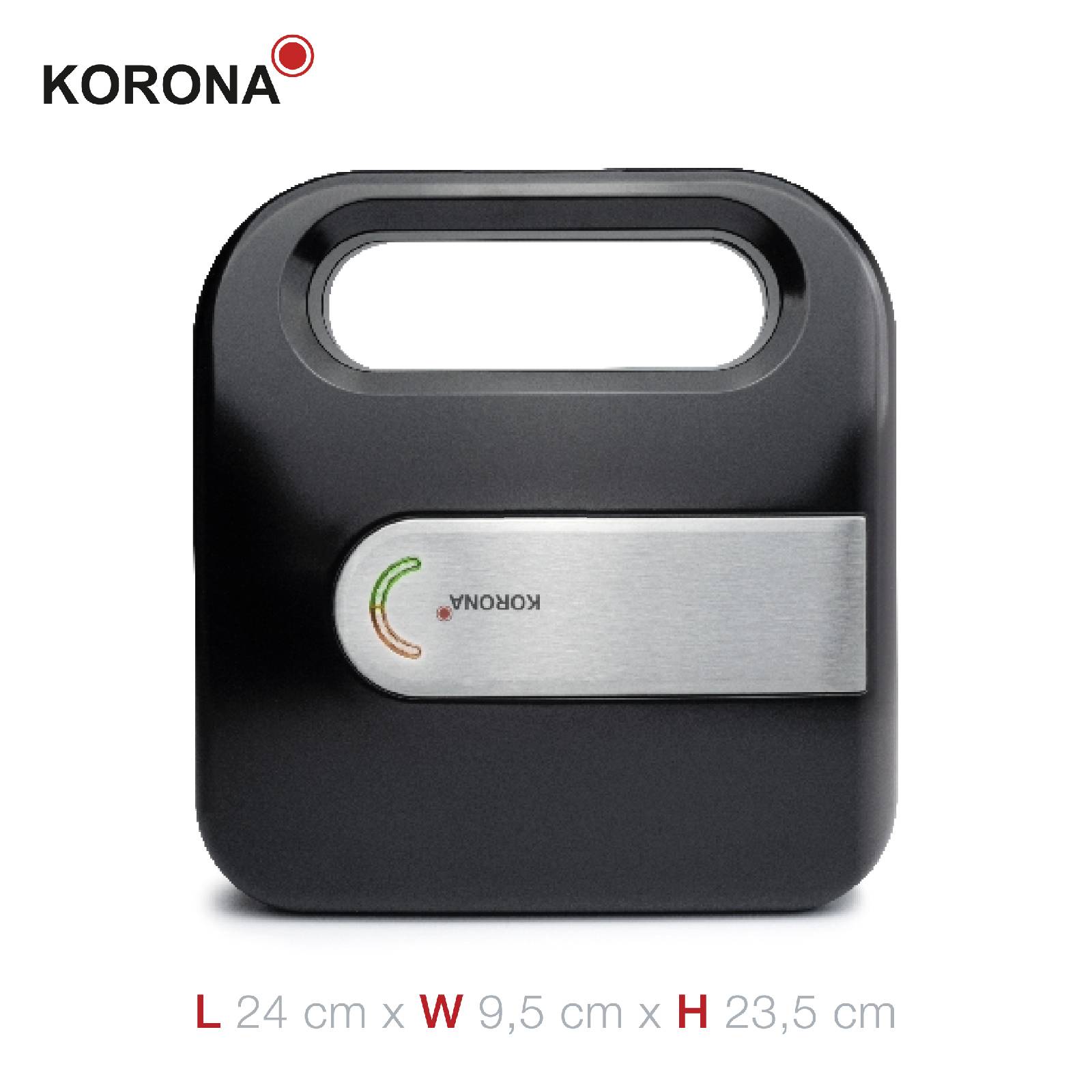 Black rectangular scales with handle and brand name 'KORONA' on a silver strip, dimensions: L 24 cm, W 9.5 cm, H 23.5 cm.