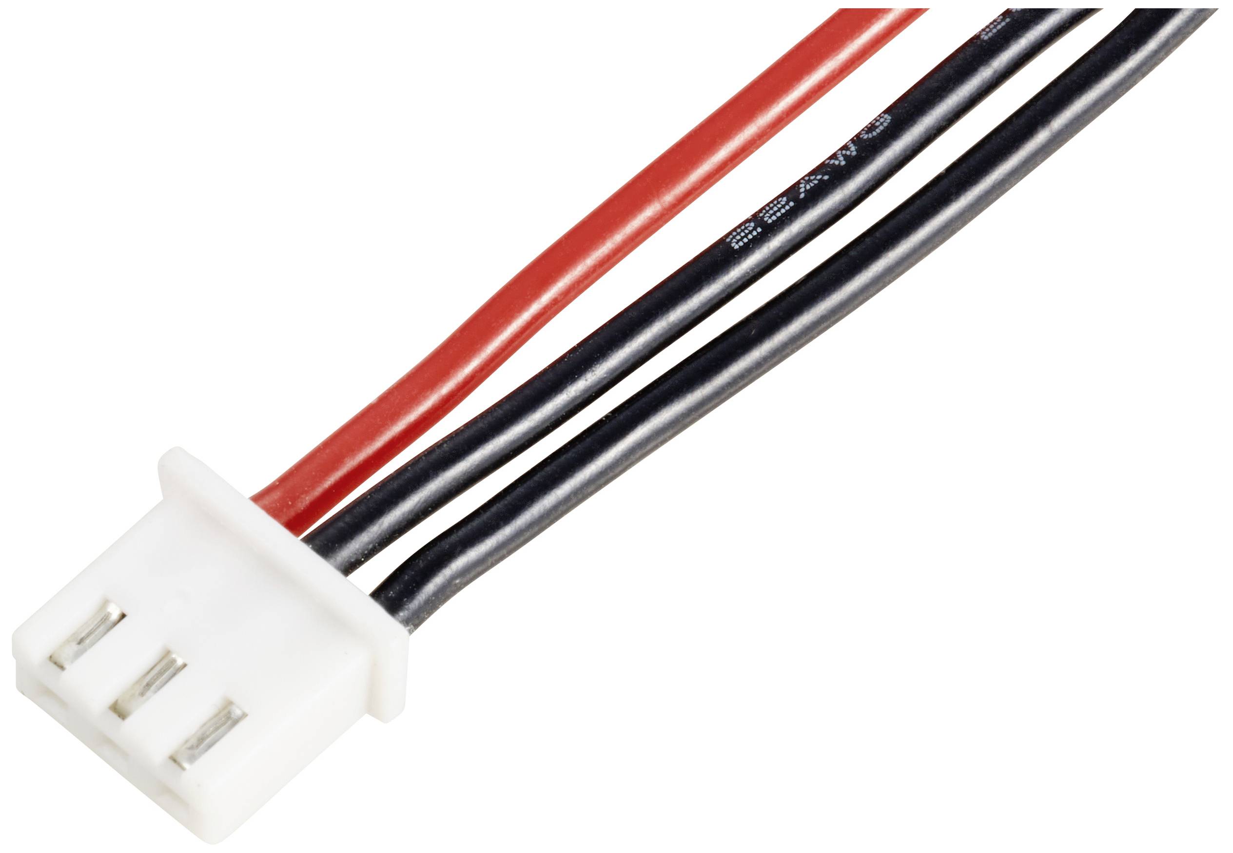 A white three-pin plug connector with red and black cables for electronic connections and power transmission.