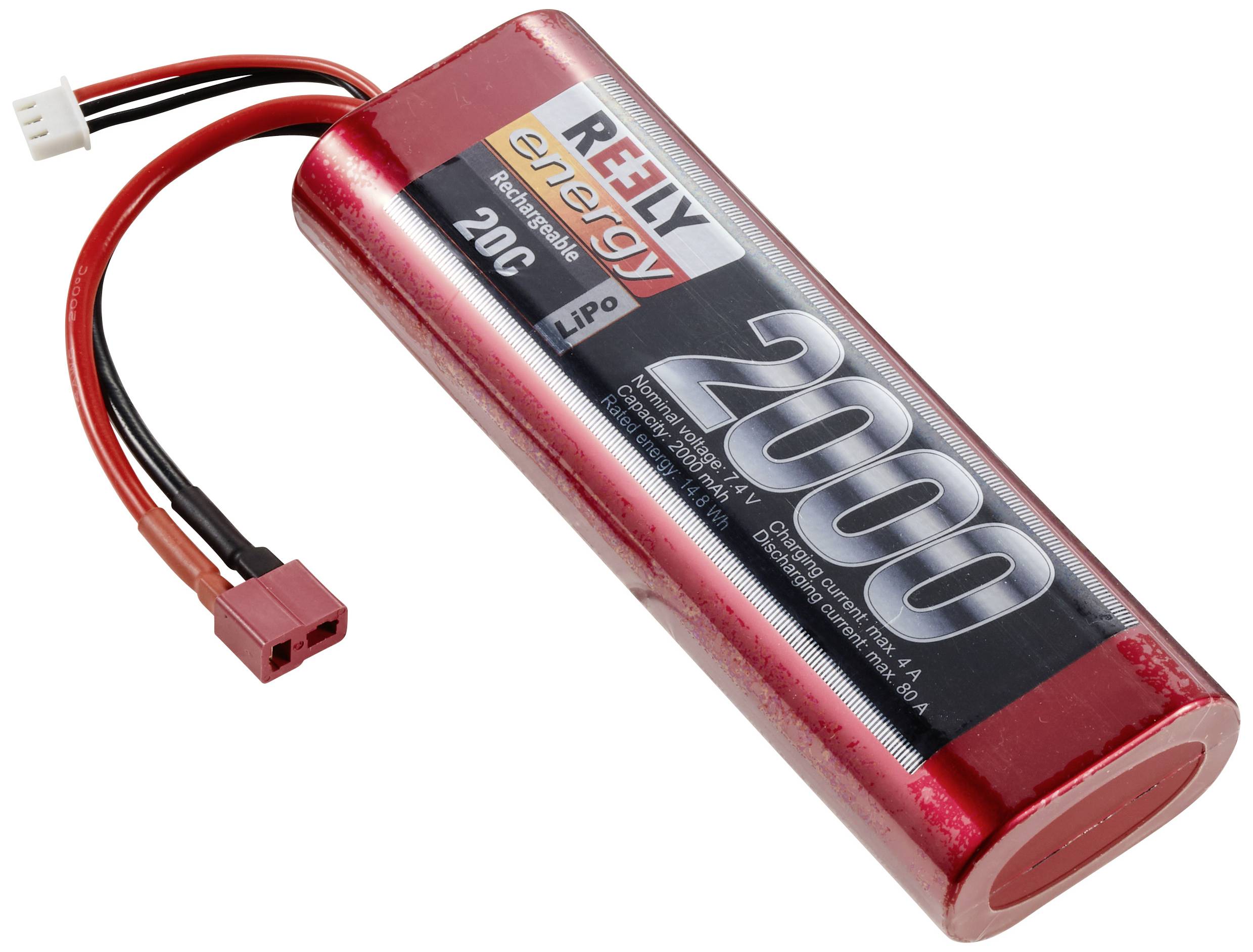 Red lithium-polymer battery with '2000 mAh' capacity and 7.4 V voltage. Black and red connecting cables with a plug connector.