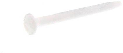 A white plastic pen lying horizontally, with a flattened head and a long, slender shaft.