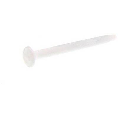 A white plastic pen lying horizontally, with a flattened head and a long, slender shaft.