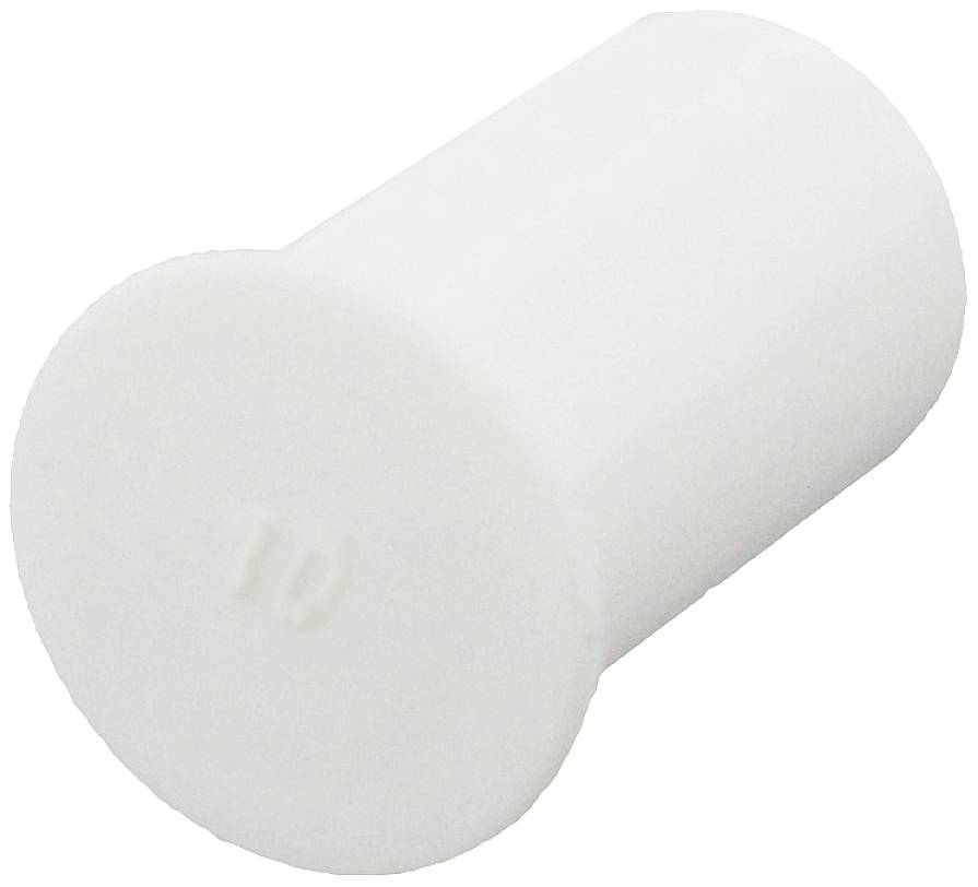 A white, cylindrical plastic cap that could seal an opening or a tube.