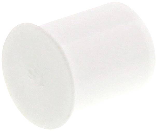 A white cylindrical plastic stopper with a smooth surface, typically used for sealing openings.