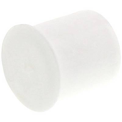'A simple, white, cylindrical plastic stopper with a flat top and bottom.'