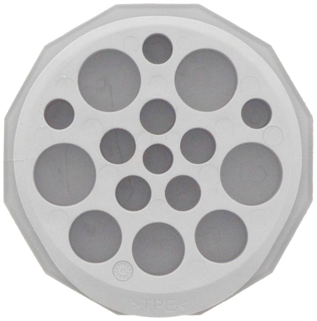'Grey plastic tray with multiple round indentations of varying sizes.'