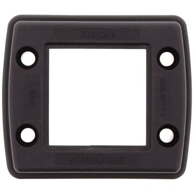 Black rectangular plastic plate with four screw holes and a square open centre, for mounting purposes.