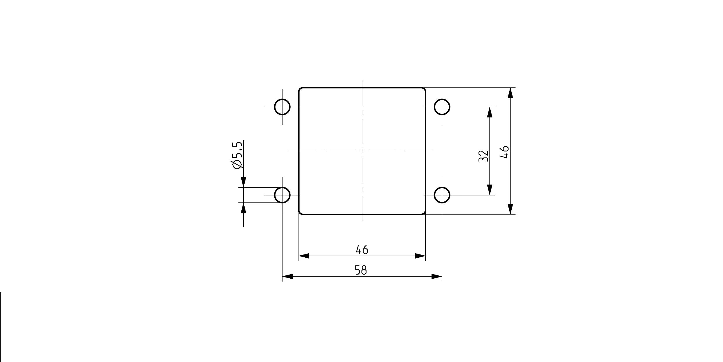Technical drawing of a square component with dimensions: 58 mm width, 46 mm height, holes Ø5.5 mm.