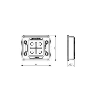 Technical drawing of a rectangular enclosure with buttons and dimensions: 81 mm width, 70 mm height, 19.6 mm depth. Top view and side view.