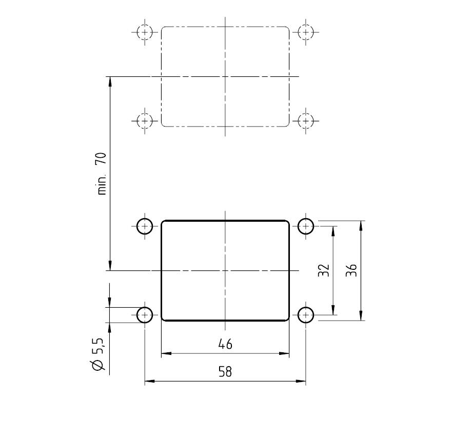 Technical drawing of a rectangular object with dimensions: width 58 mm, height 70 mm, hole Ø 5.5 mm. Distances marked.