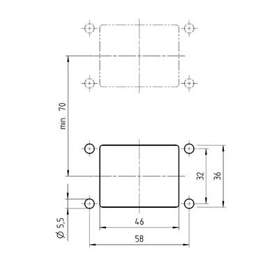 Technical drawing of a rectangular object with dimensions: width 58 mm, height 70 mm, hole Ø 5.5 mm. Distances marked.