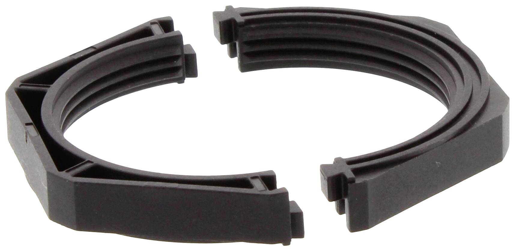 A black plastic ring split into two halves with a ribbed profile. Possibly a component or sealing ring.