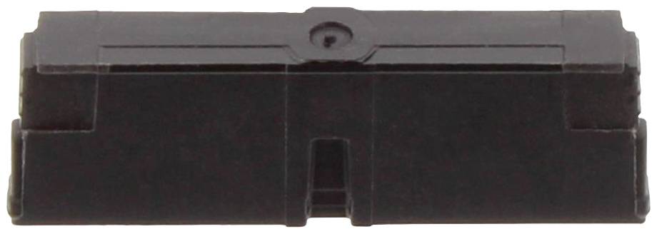 A black, rectangular plastic component with a central hole and several small notches on its sides.