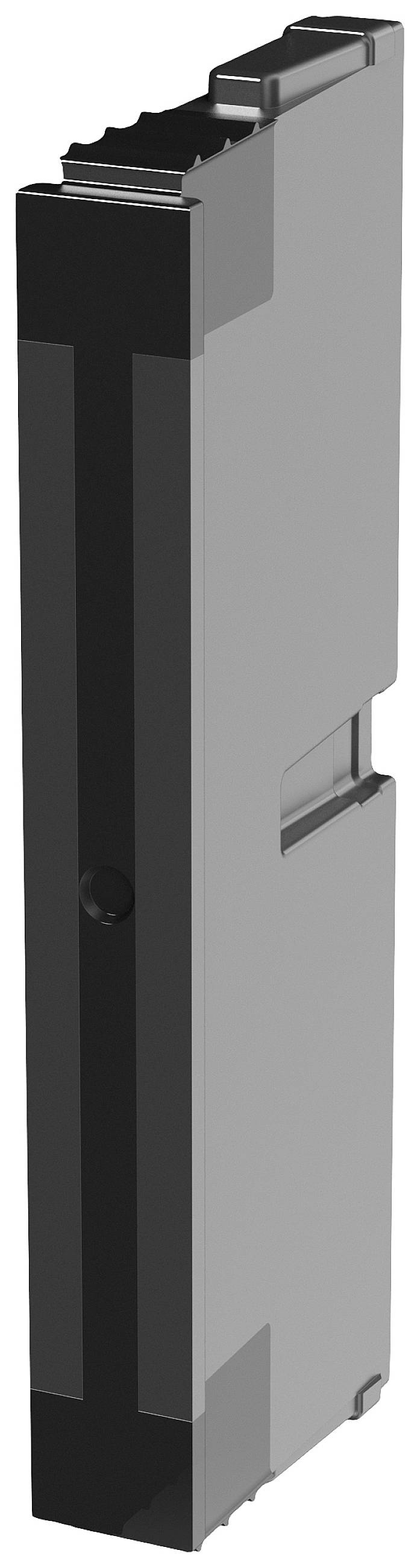 A grey rectangular electronic component, vertically oriented, with stepped edges and a narrow black stripe in the centre.