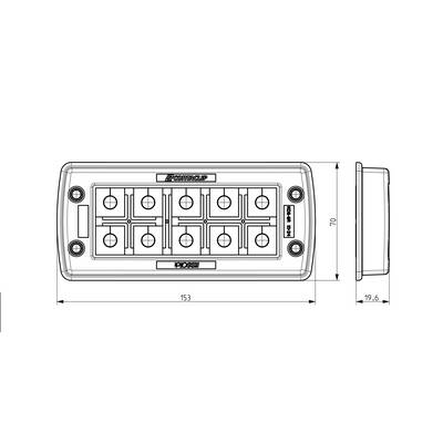 Technical drawing of a rectangular enclosure with nine push buttons. Dimensions: 153 x 70 x 19.6 mm. Top and side view.
