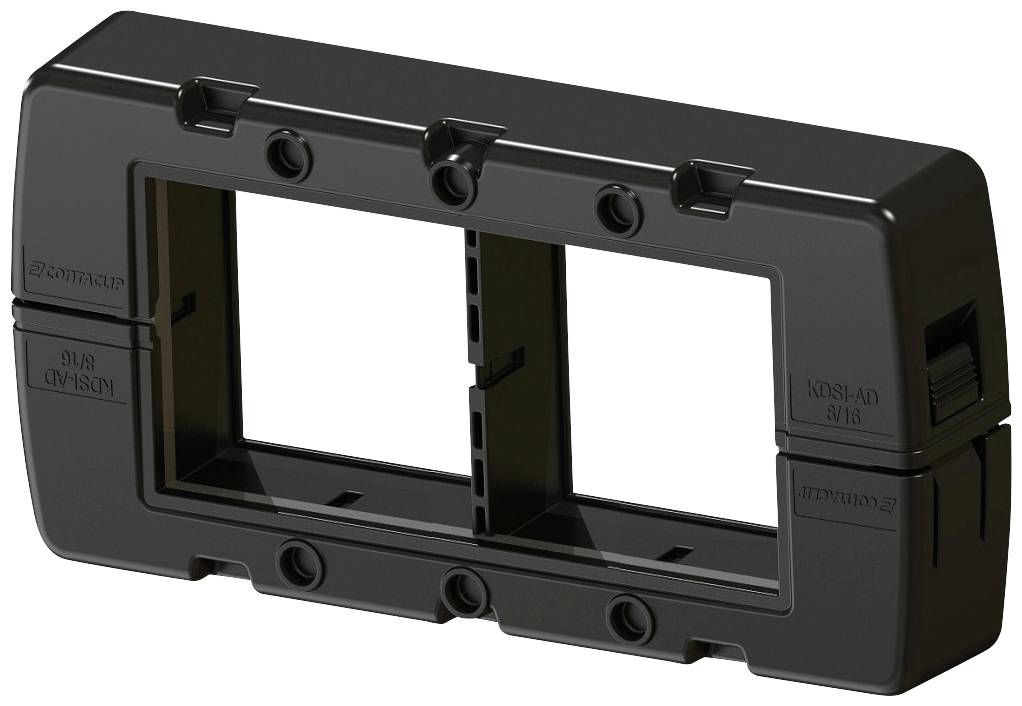 Black rectangular plastic frame with two large openings in the centre and several mounting slots.