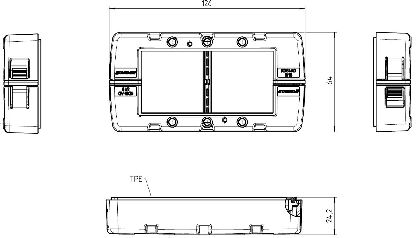 Technical drawing of a rectangular component with dimensions: 126 mm x 64 mm x 21.2 mm. Shows top, front, and side views.