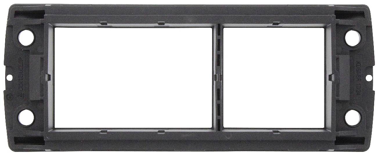 'Black plastic frame for double DIN car radio. Rectangular openings for mounting devices or accessories in the dashboard.'