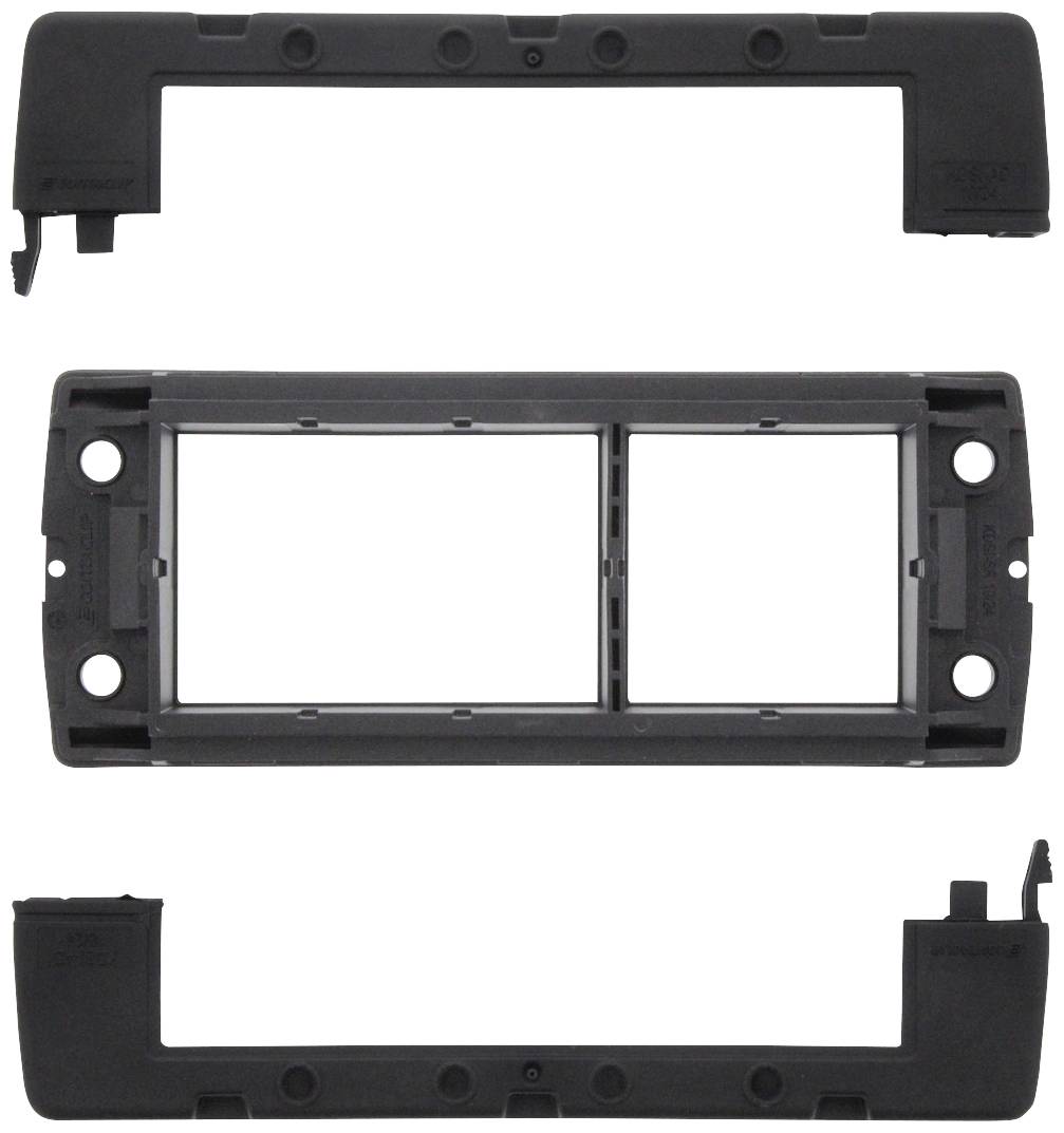 Black plastic frame in rectangular shape, consisting of three parts. Used for installation in an electronic control cabinet.