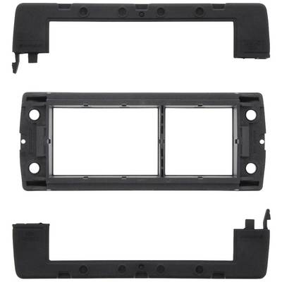 Black plastic frame in rectangular shape, consisting of three parts. Used for installation in an electronic control cabinet.