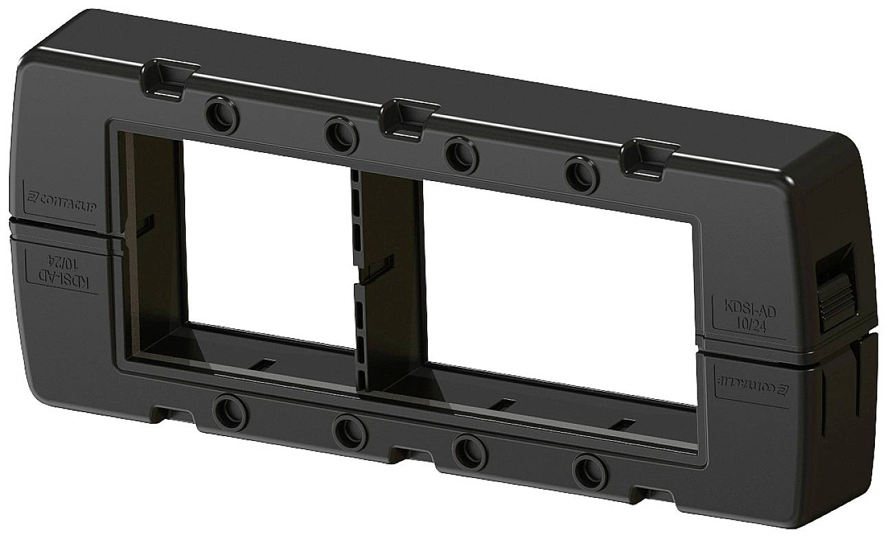 A rectangular, black plastic frame with double rectangular openings and multiple screw holes.