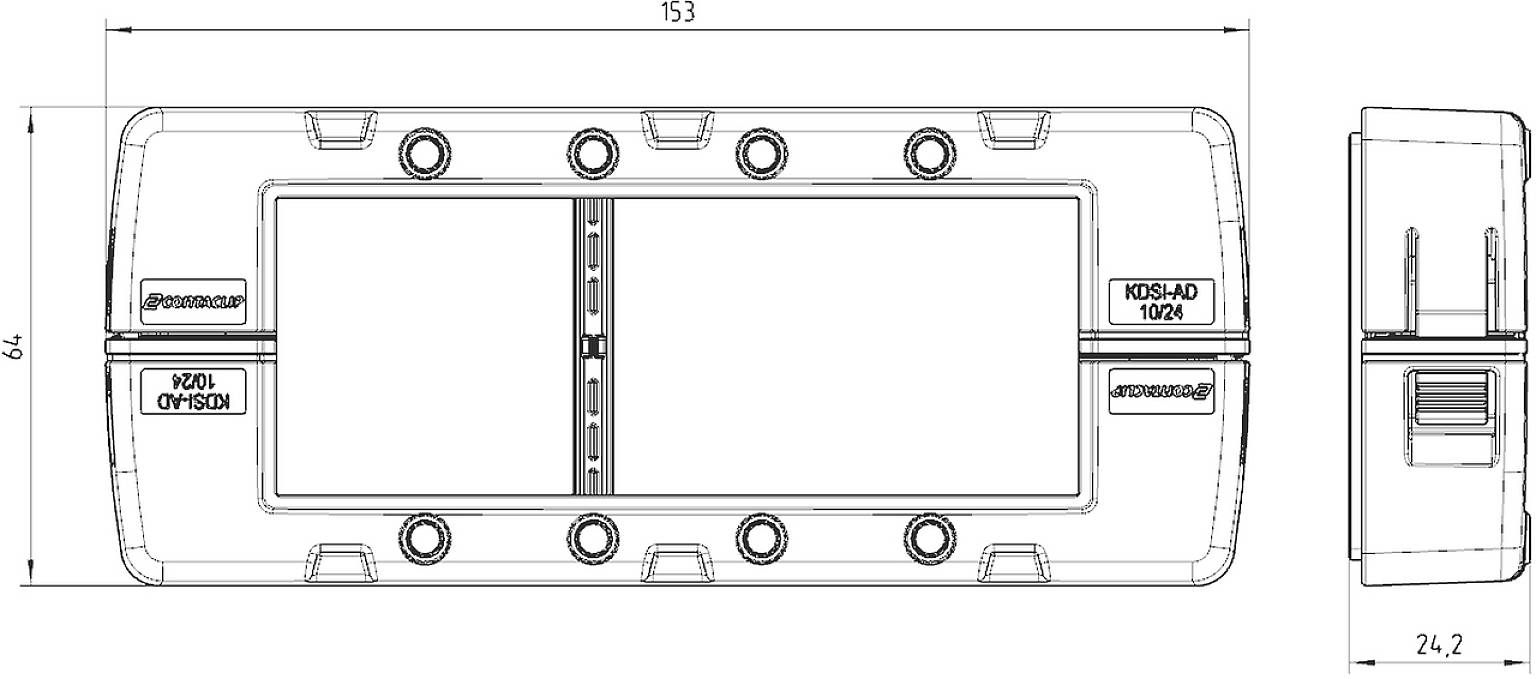 'Technical drawing of a rectangular metal frame with mounting holes and labels. Dimensions: 153x79x24.2 mm.'