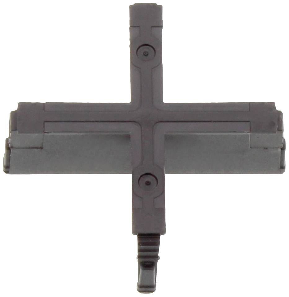 A grey plastic cross-shaped adapter, possibly part of a rail system.