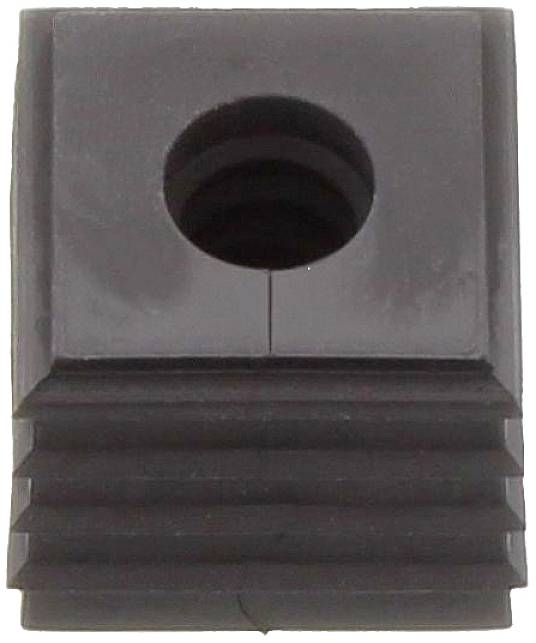 Black, rectangular plastic component with a central, circular hole and ridged edges. Used for stabilisation or fastening.