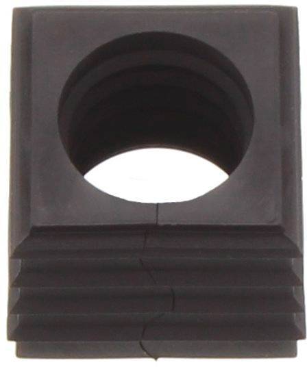 A black, rectangular rubber component with a round hole in the centre and a grooved edge, possibly a damping or protective rubber part.