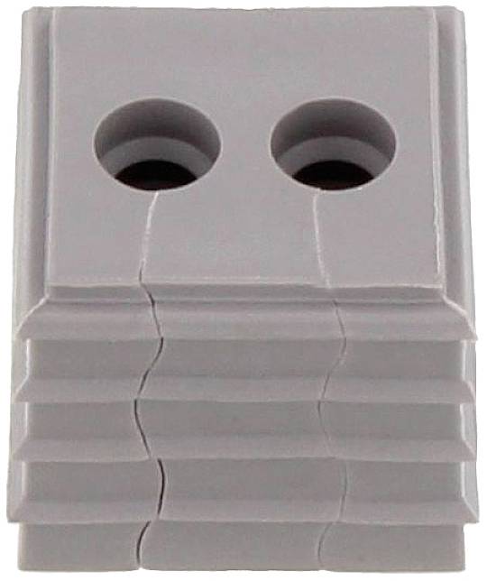 Grey, stacked plastic block with two round holes at the top, possibly part of a larger system or mechanical device.