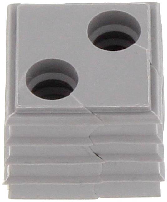 Grey, rectangular component with two round holes at the top and a ribbed structure on the sides, likely an electrical connector.
