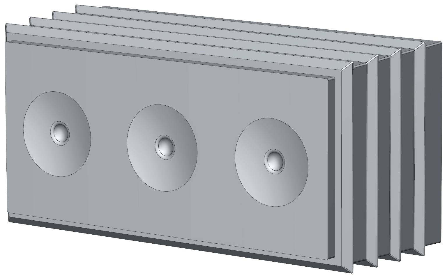 A stack of grey, rectangular plates, each with three round indentations on the front side, arranged in a row.