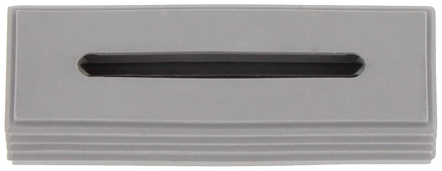A rectangular grey object with a narrow slot in the middle, possibly a card reader or insertion slit.