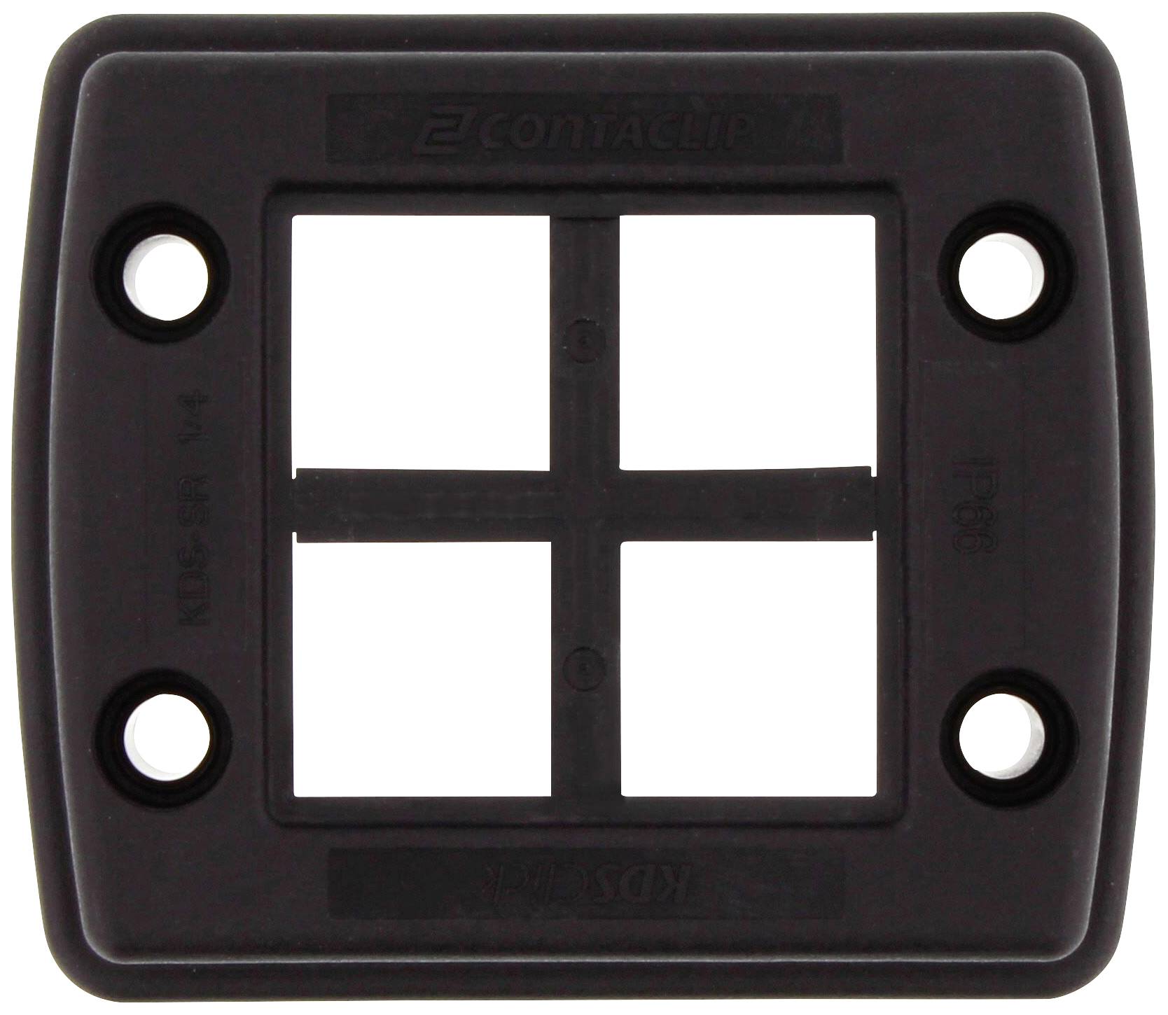 Black plastic plate with four holes at the corners and two horizontal and vertical dividing bars in the centre.