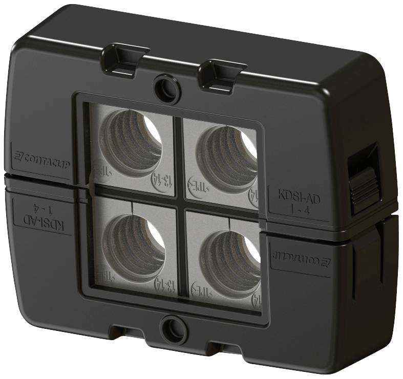 A black enclosure with four cable gateways. It is square-shaped and displays openings for connecting cables.