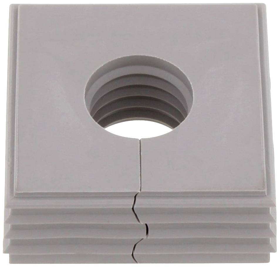 Grey, square plastic piece with a circular, ridged opening in the centre. Wavy edges along the sides.