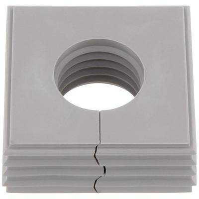 Grey plastic component with a square shape, featuring a circle in the centre with a grooved structure. Grooves run parallel to the outer edge.