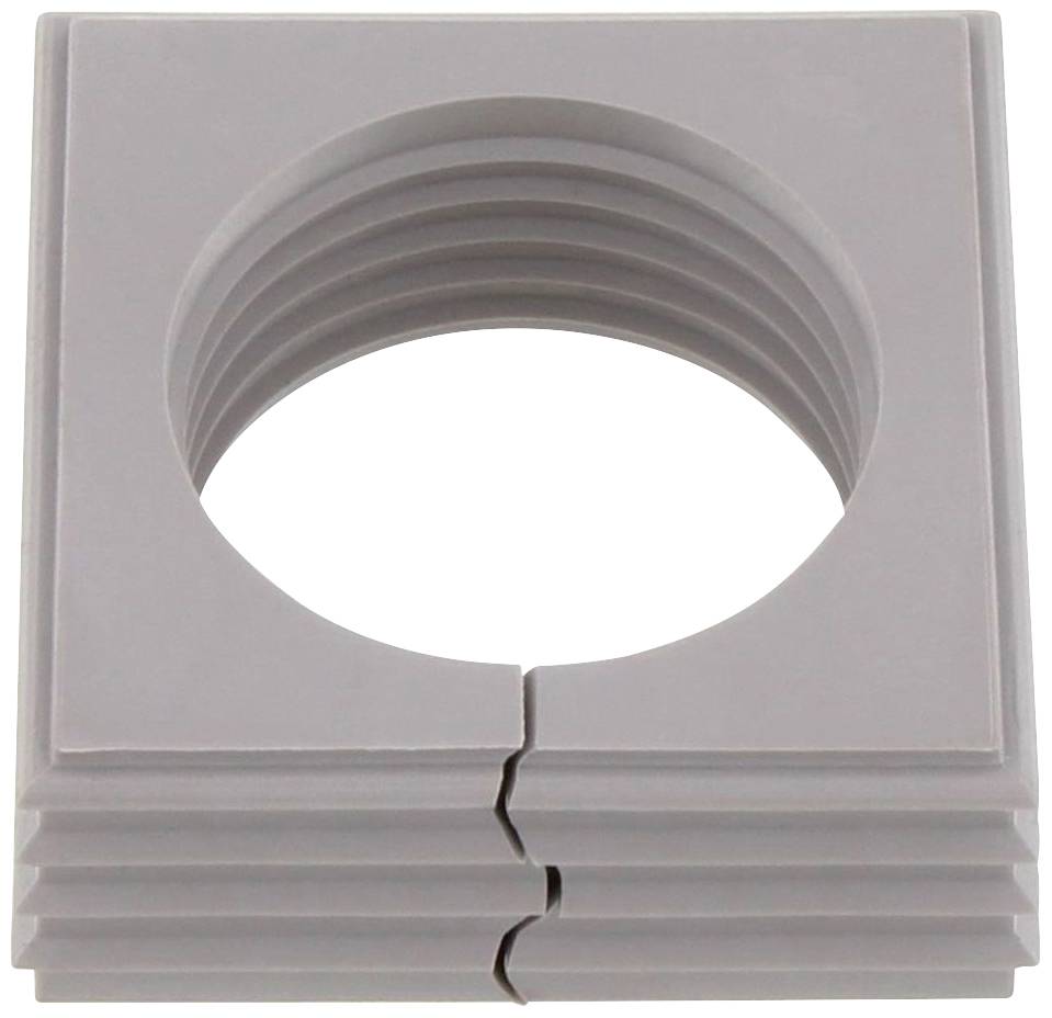 Grey, square frame with a circular opening and an inscribed division in the centre.