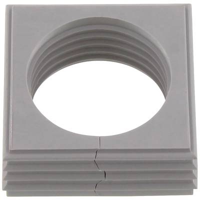 A square grey plastic frame with a central, circular hole and ribbed sides, possibly a component.