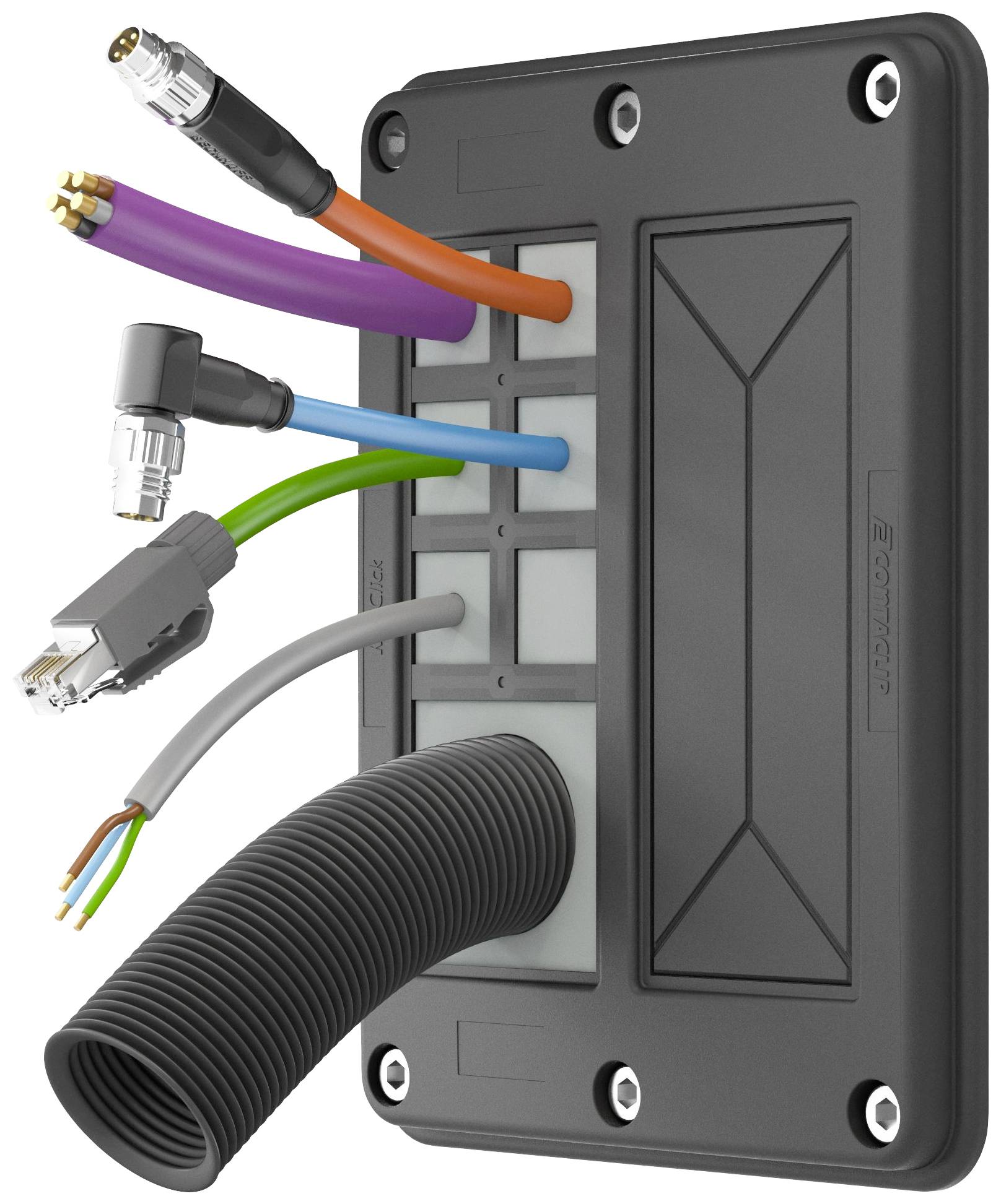 Several cables, including coloured ones and a flexible conduit, are routed through a robust, rectangular cable gland.