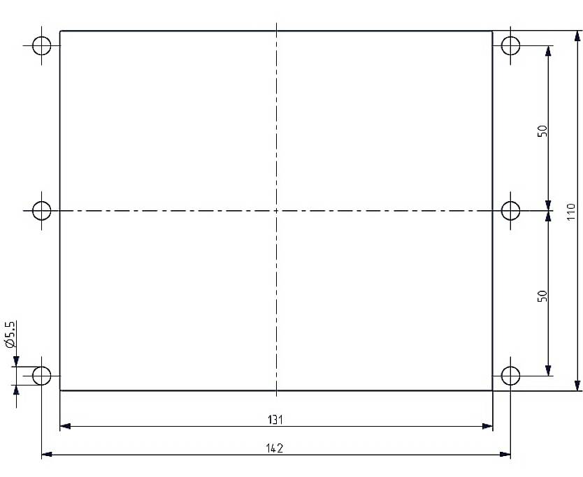 Technical drawing of a rectangular metal sheet with four holes in the corners. Dimensions: 142 x 110 mm, hole diameter 5.5 mm.